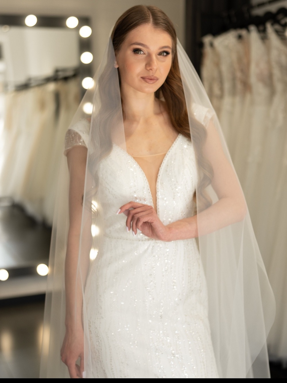 Angel cut wedding veil, Cathedral length plain veil, Single layer tulle